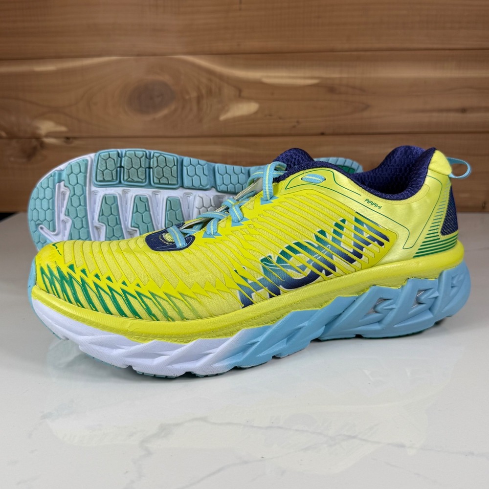 Hoka One One Arahi Sunny Lime/Blue Topaz Running Shoes 1016259 SLBT Womens 10.5